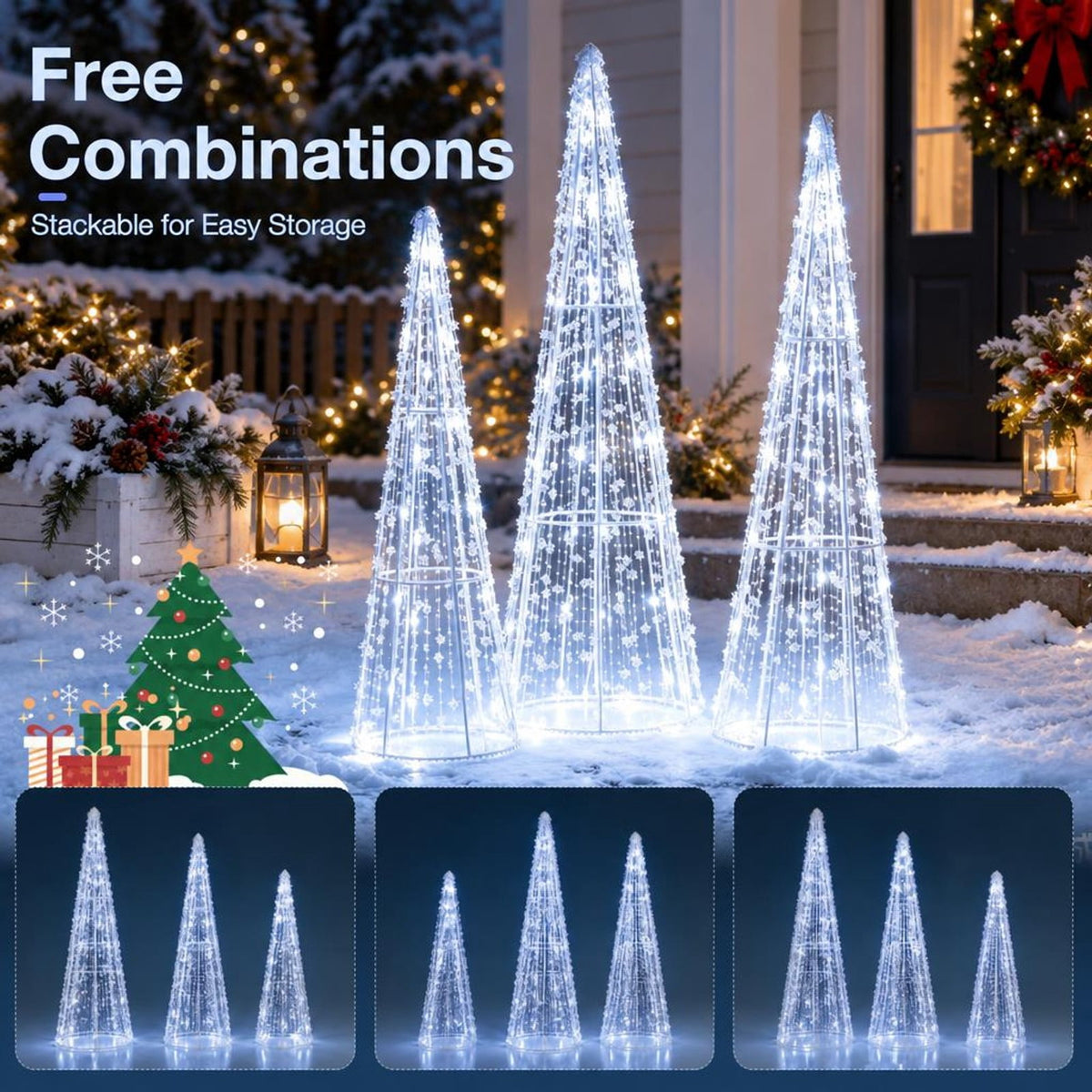 Airfind Set of 3 Pre-lit Christmas Cone Trees with Star Strings for Christmas-Cold White, Metal PS PVC Large Tree Frame, White