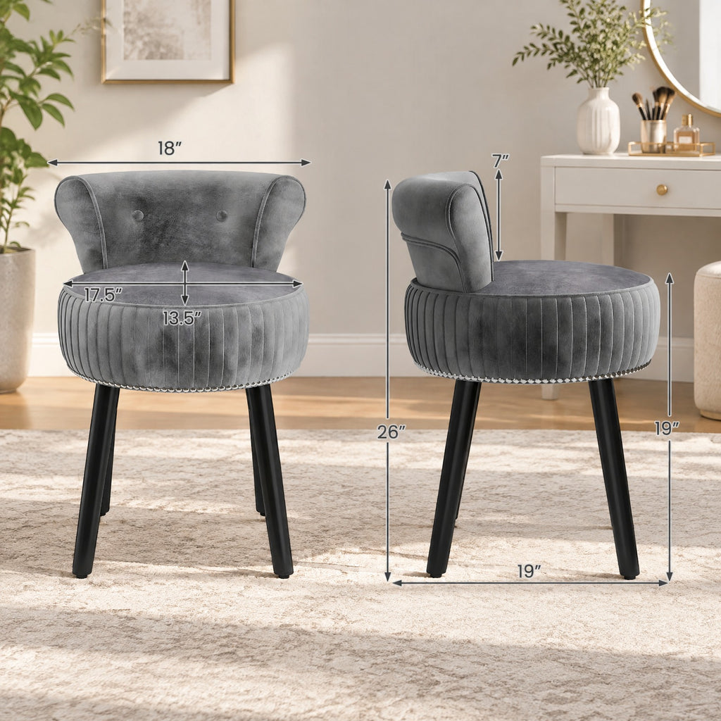 Airfind Velvet Vanity Chair with Back Upholstered Vanity Stool with Tufted Low Back and Solid Wood Legs, 234 lbs Capacity, Rubber Wood Frame, Gray