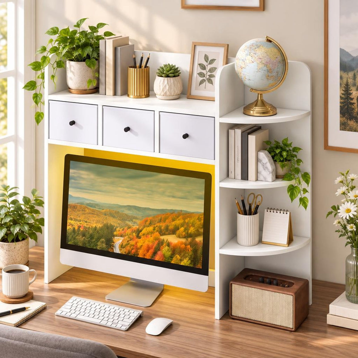 Airfind Desktop Bookshelf with LED Lights 5-Tier Shelves and 3 Drawers for Home Officce, 88 lbs Capacity, Engineered Wood Fabric Frame, White
