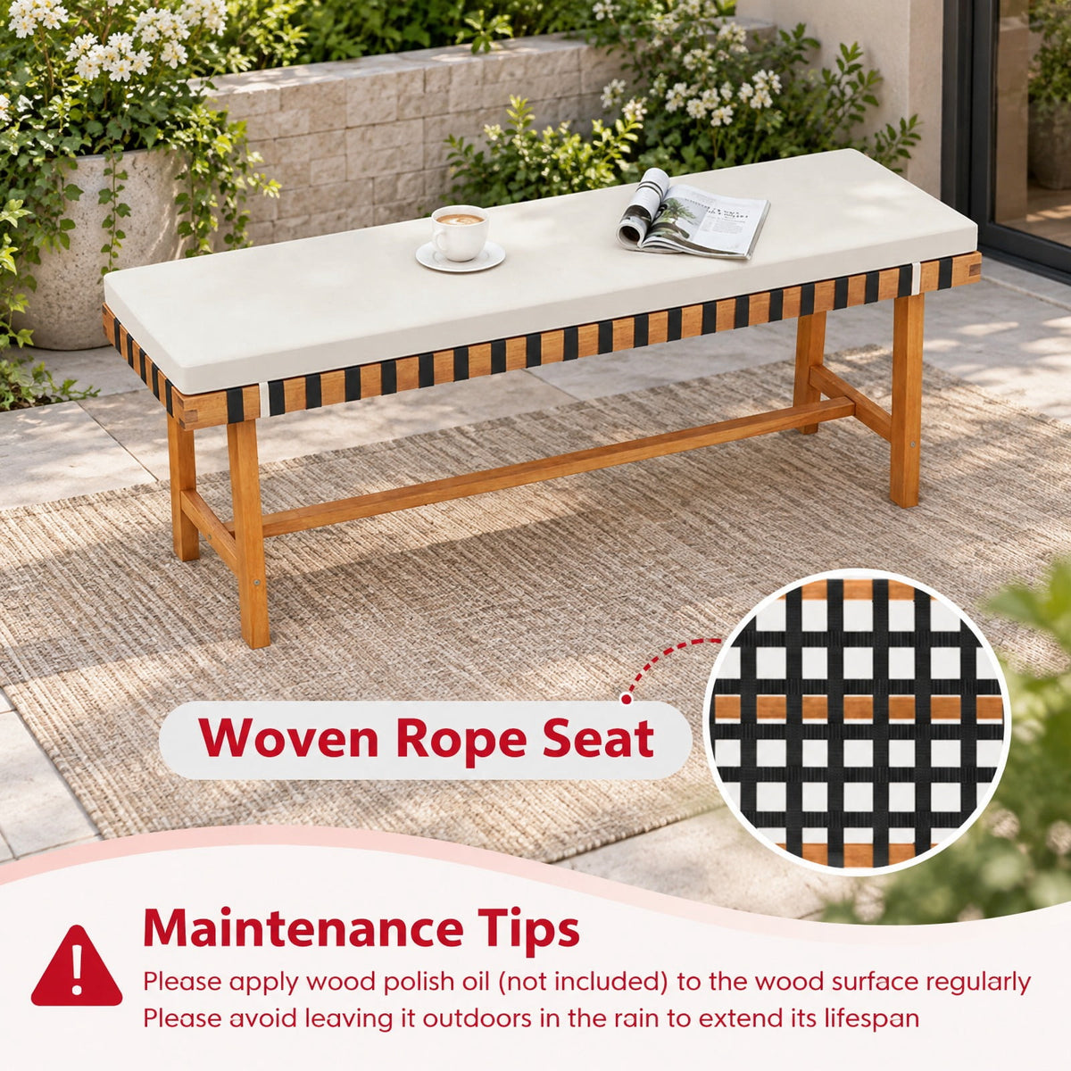 Airfind 48 inch Acacia Wood Outdoor Bench with Thick Padded Seat Cushion, 800 lbs Capacity, Acacia Wood Weaving Ropes Polyester Fabric Sponge Frame