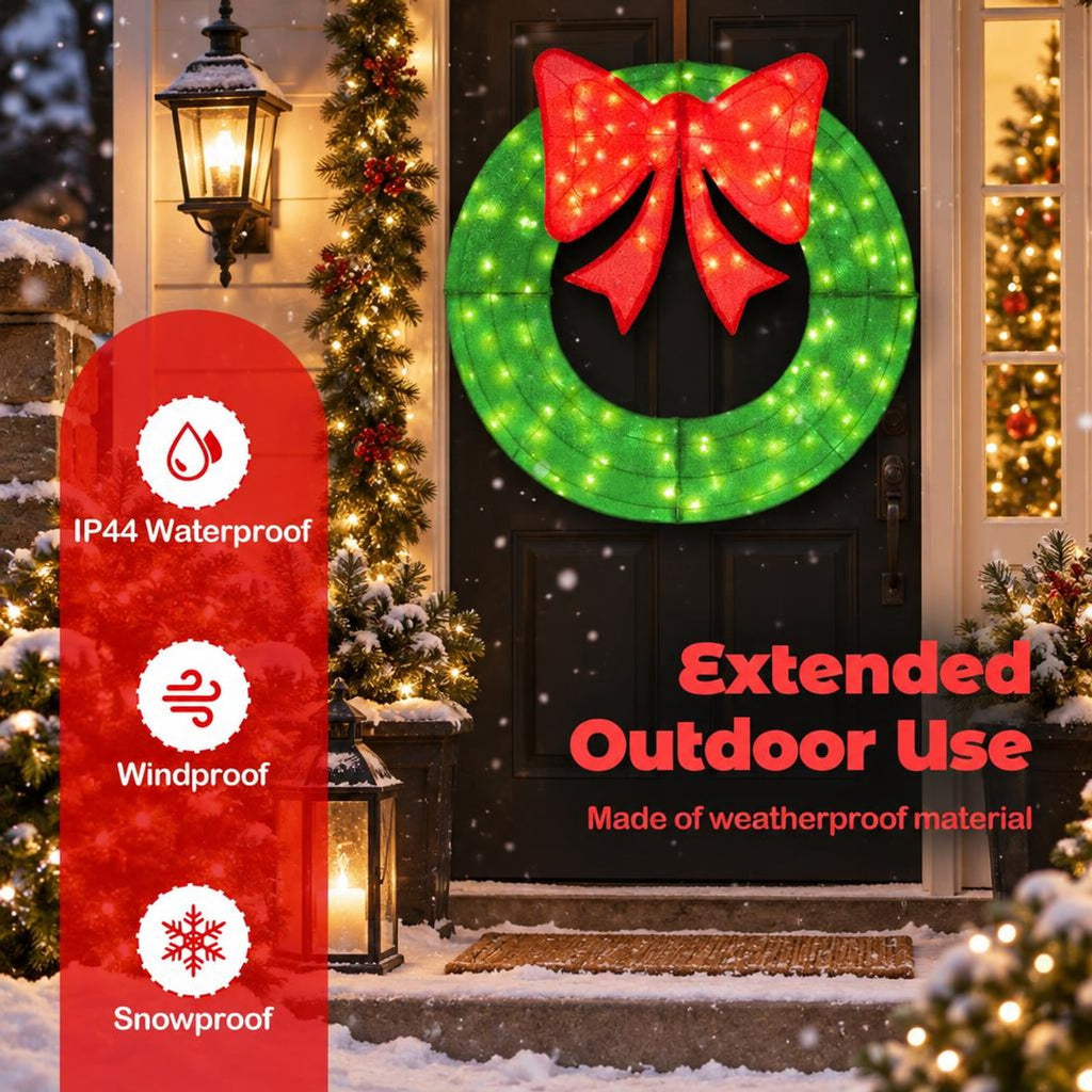 Airfind 48 Inch Pre-Lit Lighted Christmas Mesh Wreath with Bow and 200 LED Bulbs, Metal Mesh Fabric Frame, 29 x 30 Footprint, Green