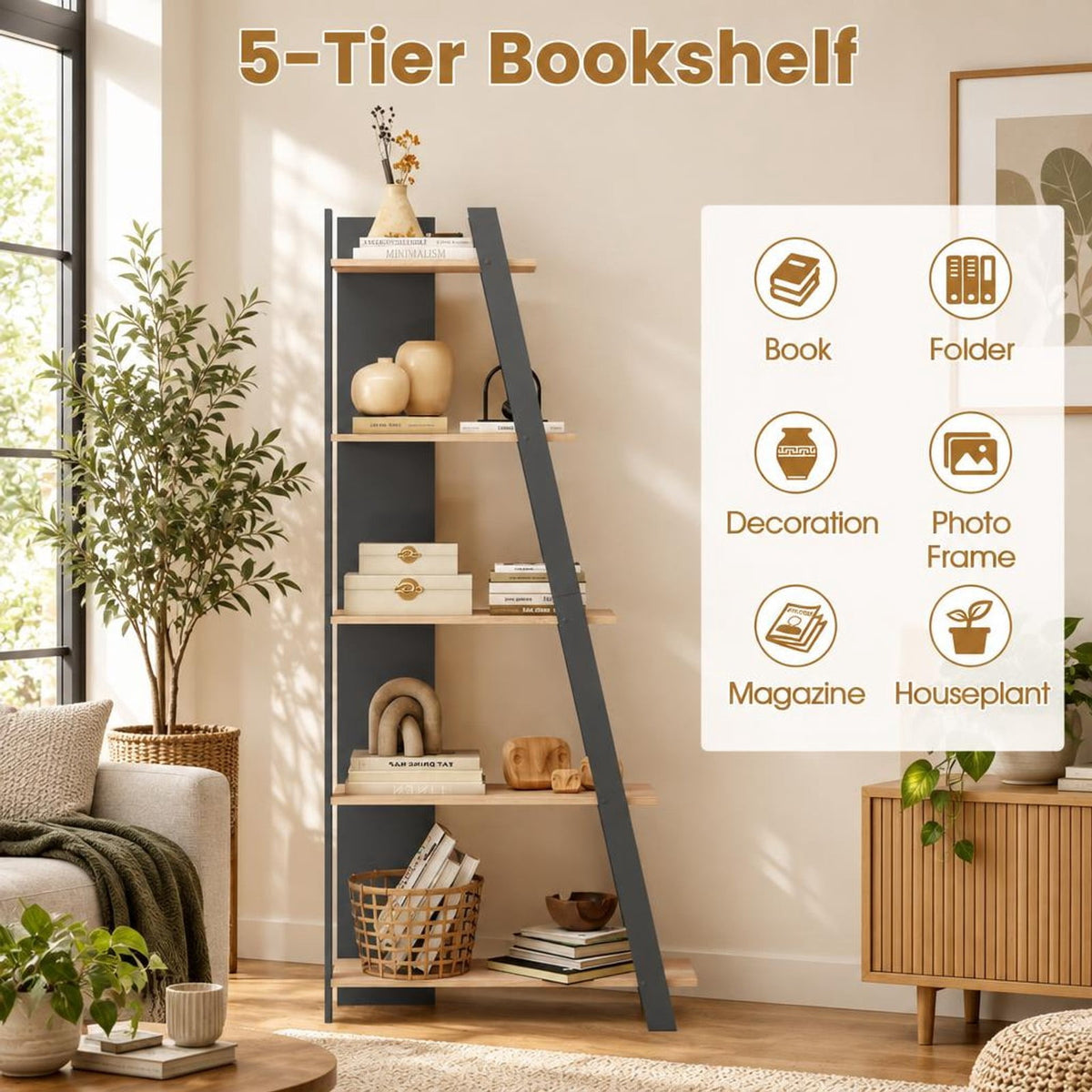 Airfind 5-Tier Modern Bookshelf Narrow Vertical Display Shelf for Small Space, Shelf 51 lbs Total Capacity, Engineered Wood Frame, Gray