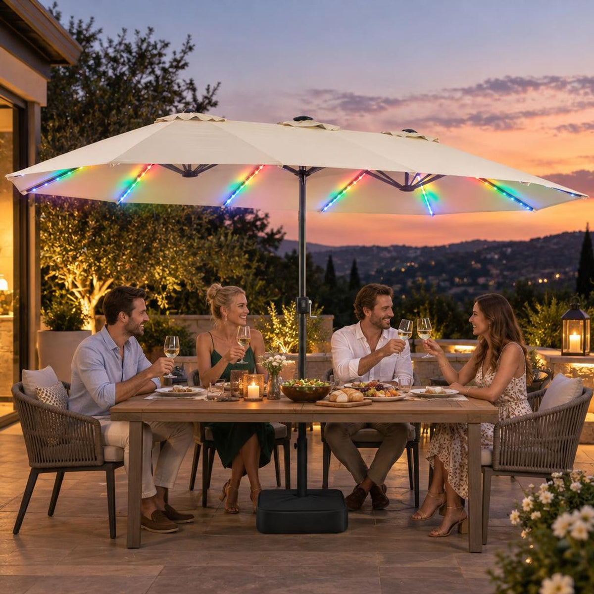 Airfind 15.5FT Extra-Large Patio Umbrella with Base 12 Reinforced Ribs, 180G Polyester Fabric Metal External Frame, Beige