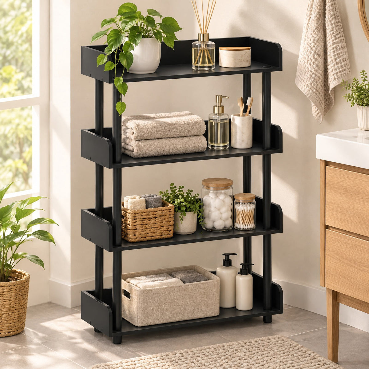 Airfind 4-Tier Bookshelf Open Bookcase with Anti-Tipping Kit Industrial Storage Unit, 33 lbs Capacity, Engineered Wood PE PP Frame, Black
