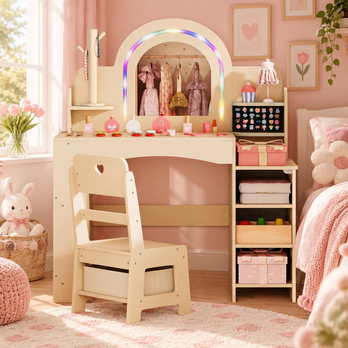 Airfind Kids Vanity Set with Colorful LED Lights Princess Makeup Dressing Table with Chair, 110 lbs Capacity, MDF Frame, 34in x 15.5in x 41in Footprint