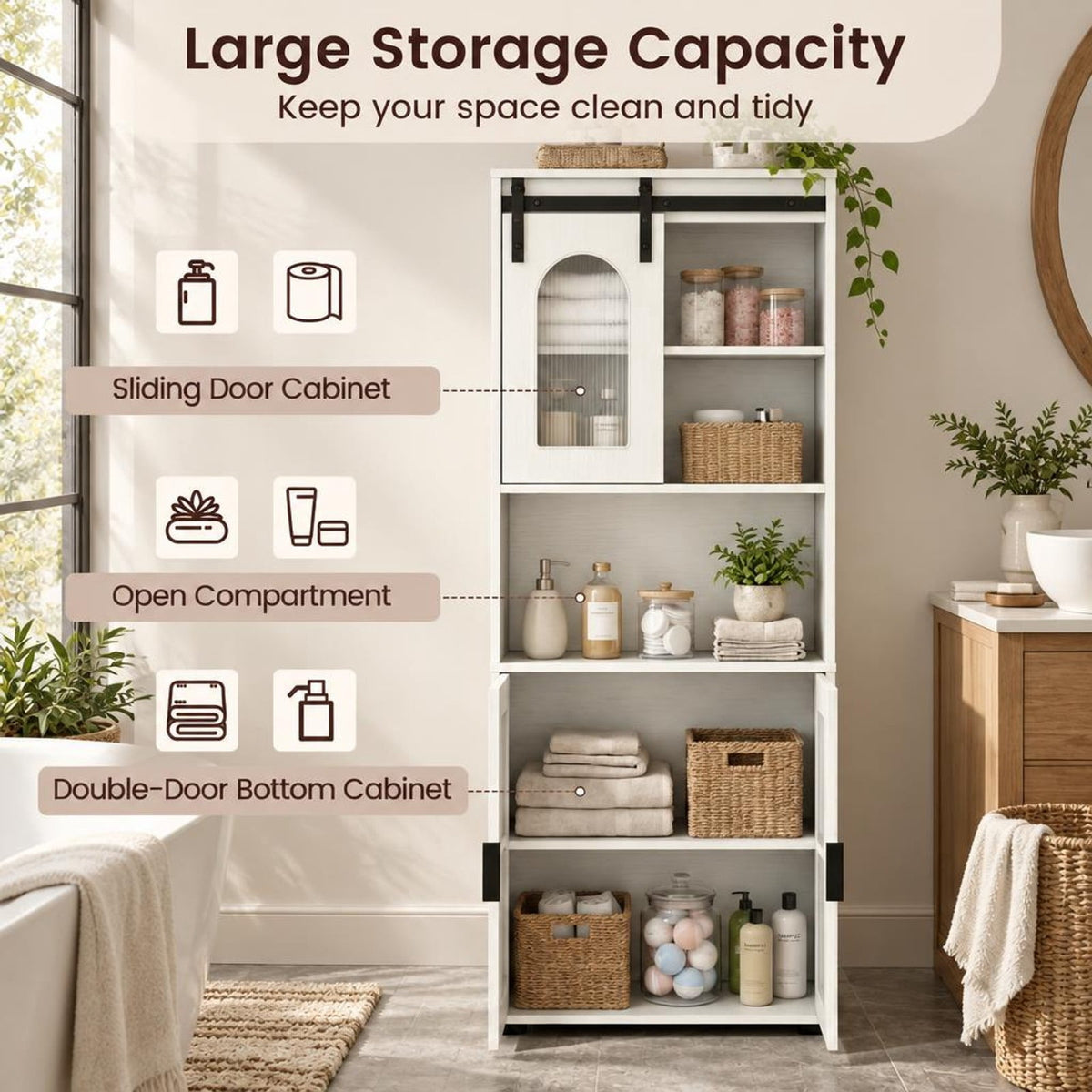 Airfind Farmhouse Bathroom Floor Cabinet featuring Sliding Barn Door, 44 lbs Capacity, Engineered Wood Frame, 23.5 Inch x 12 Inch x 59 Inch Footprint, White