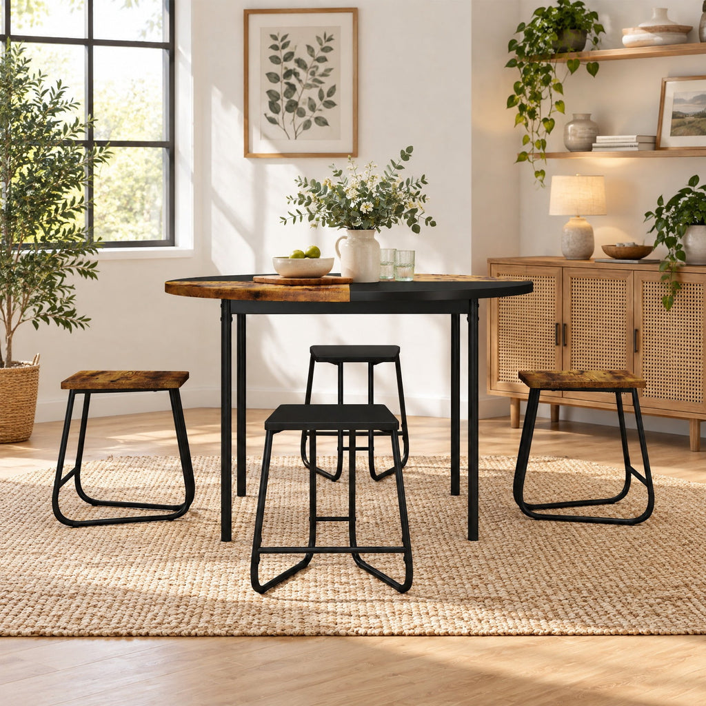 Airfind 5-Piece Dining Set for 4 47 Inch Round Kitchen Table and 4 Stools, MDF Metal Frame, Brown, Table Size 47in x 30in