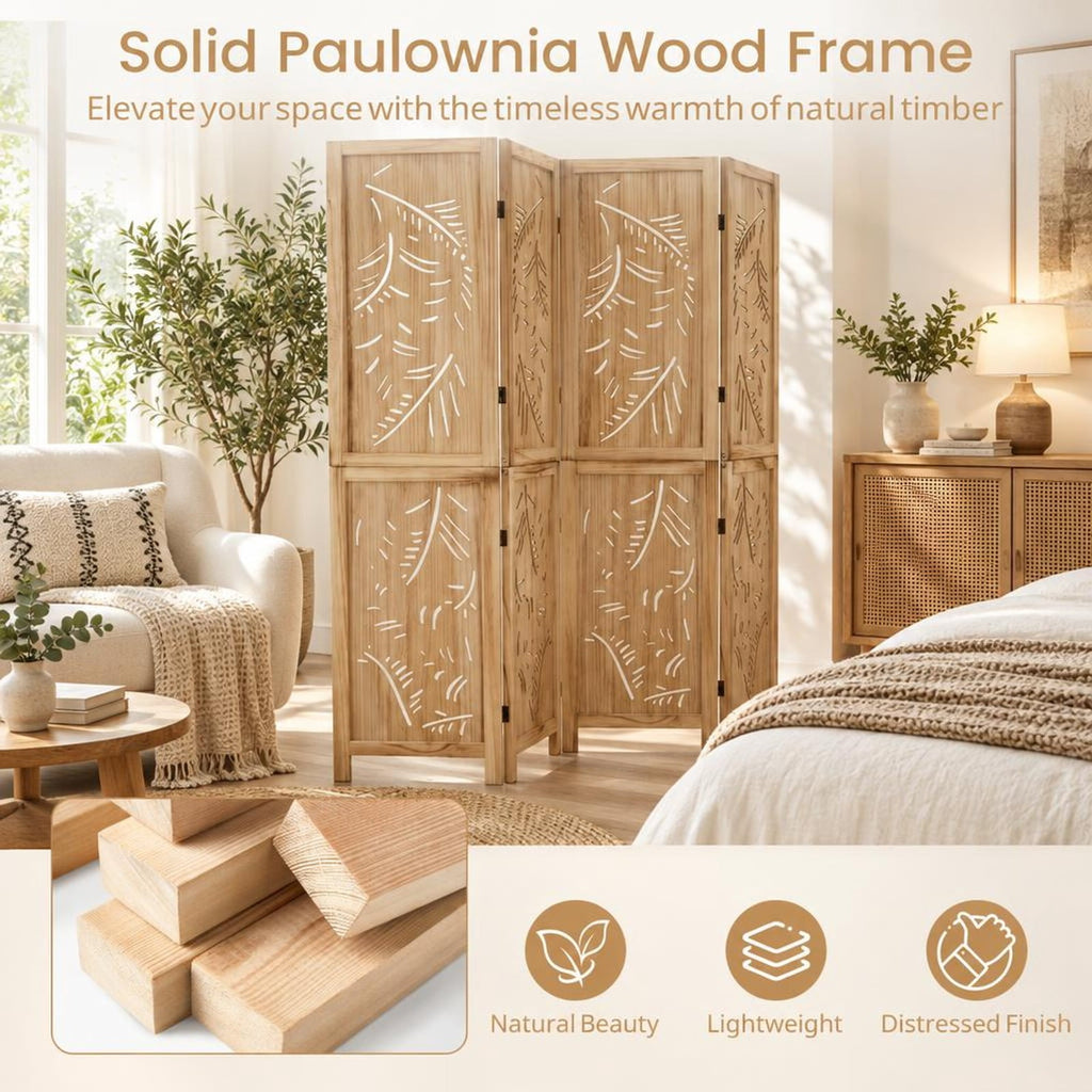 Airfind 4-Panel Wooden Room Divider with Palm Leaf Design and Paulownia Frame for Home, 67in x 16in x 3.5in Footprint, Natural