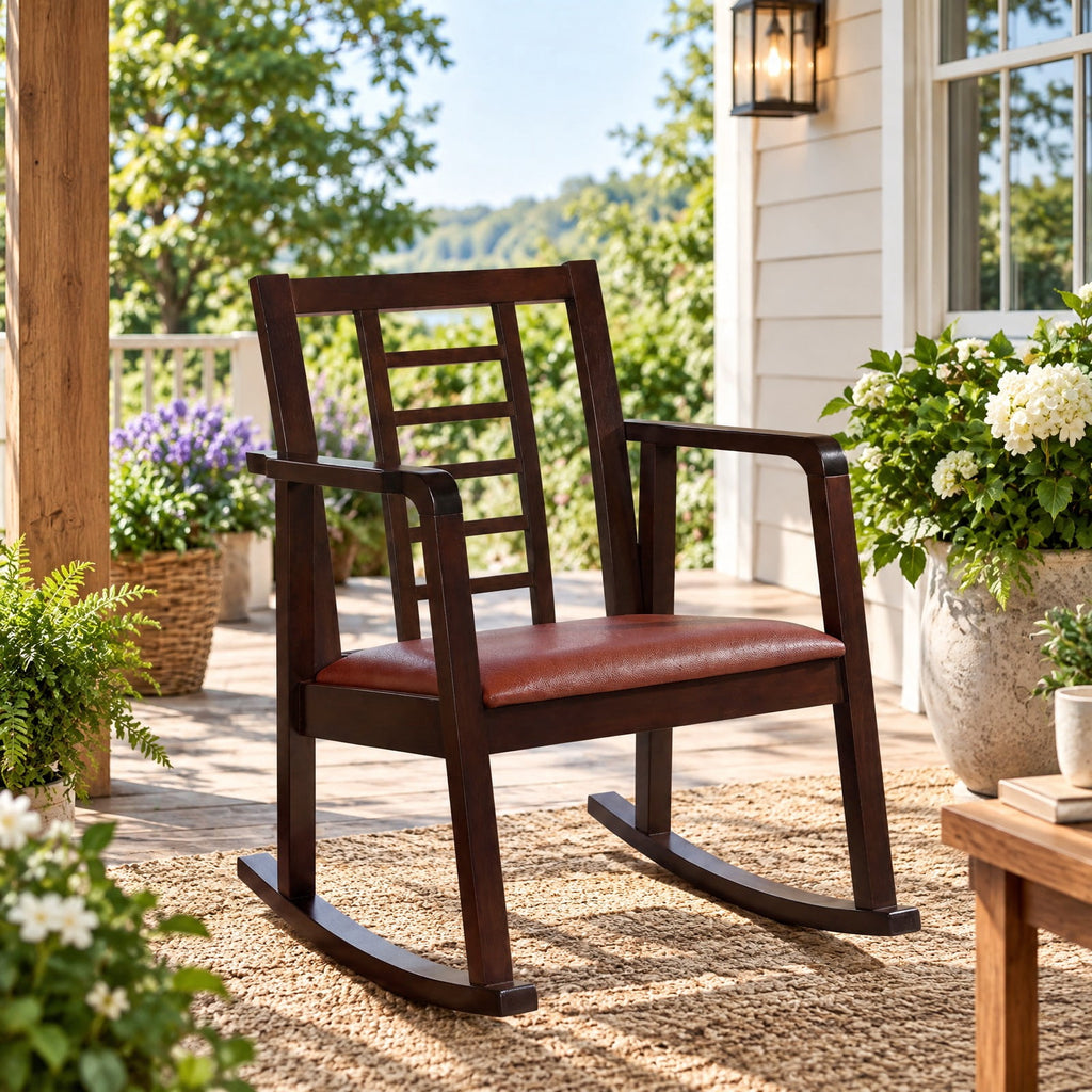 Airfind Wooden Rocking Chair with Upholstered Seat and Ladder Back for Living Room, 400 lbs Capacity, Rubber Wood Faux Leather/Fabric Sponge Frame