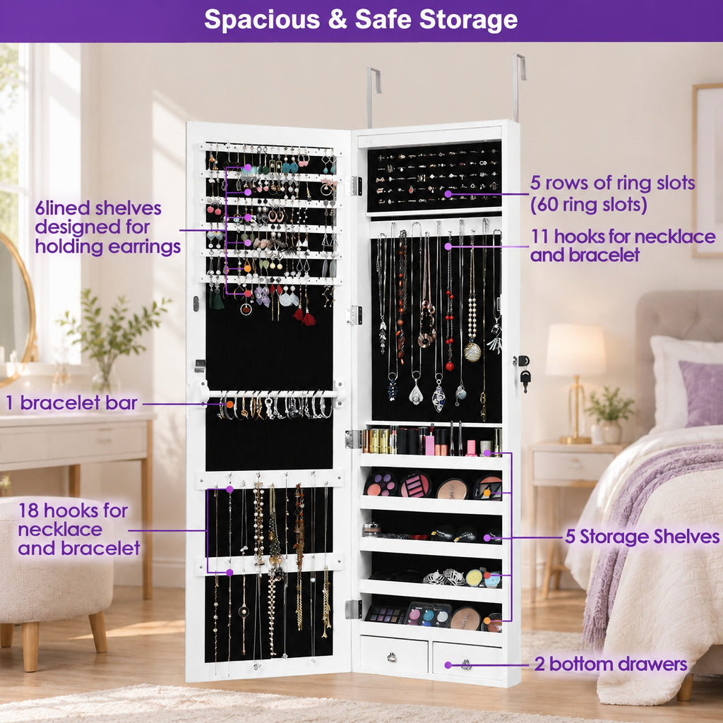 Airfind Wall Mounted Lockable Mirror Jewelry Cabinet with LED Light, Real glass quality MDF soft velvet Frame, 14.5in x 3.5in x 56.5in Footprint, White