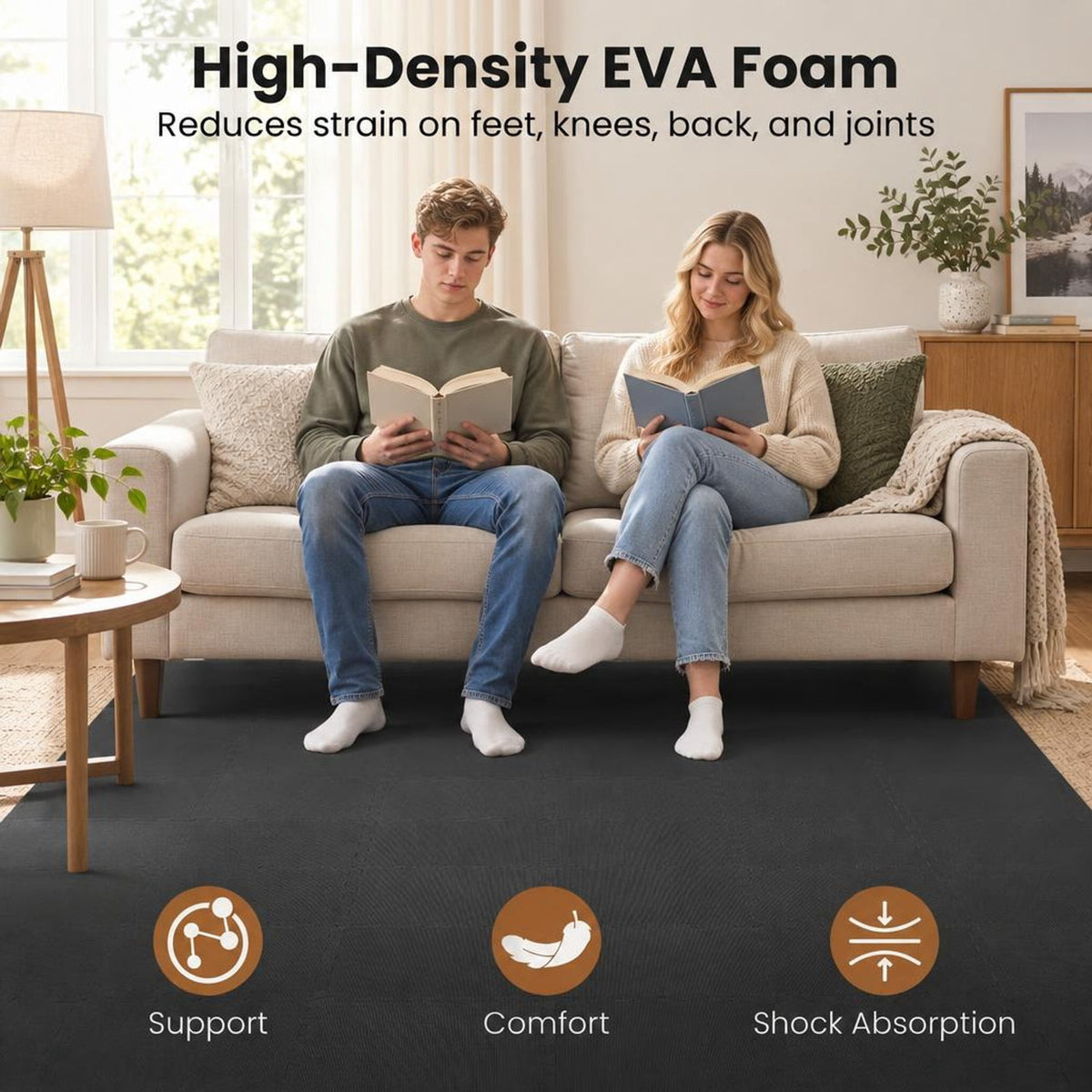 Airfind 18 Pack Interlocking EVA Foam Floor Tiles with Boarders, EVA Foam Frame, 72 Inch x 37 Inch x 0.4 Inch Footprint, Black