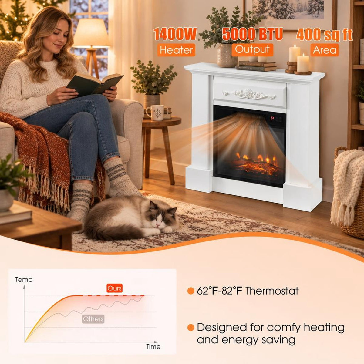 Airfind 1400W TV Stand Electric Fireplace Mantel with Remote Control, 22 lbs Capacity, MDF PB Steel plastic tempered glass Frame, White