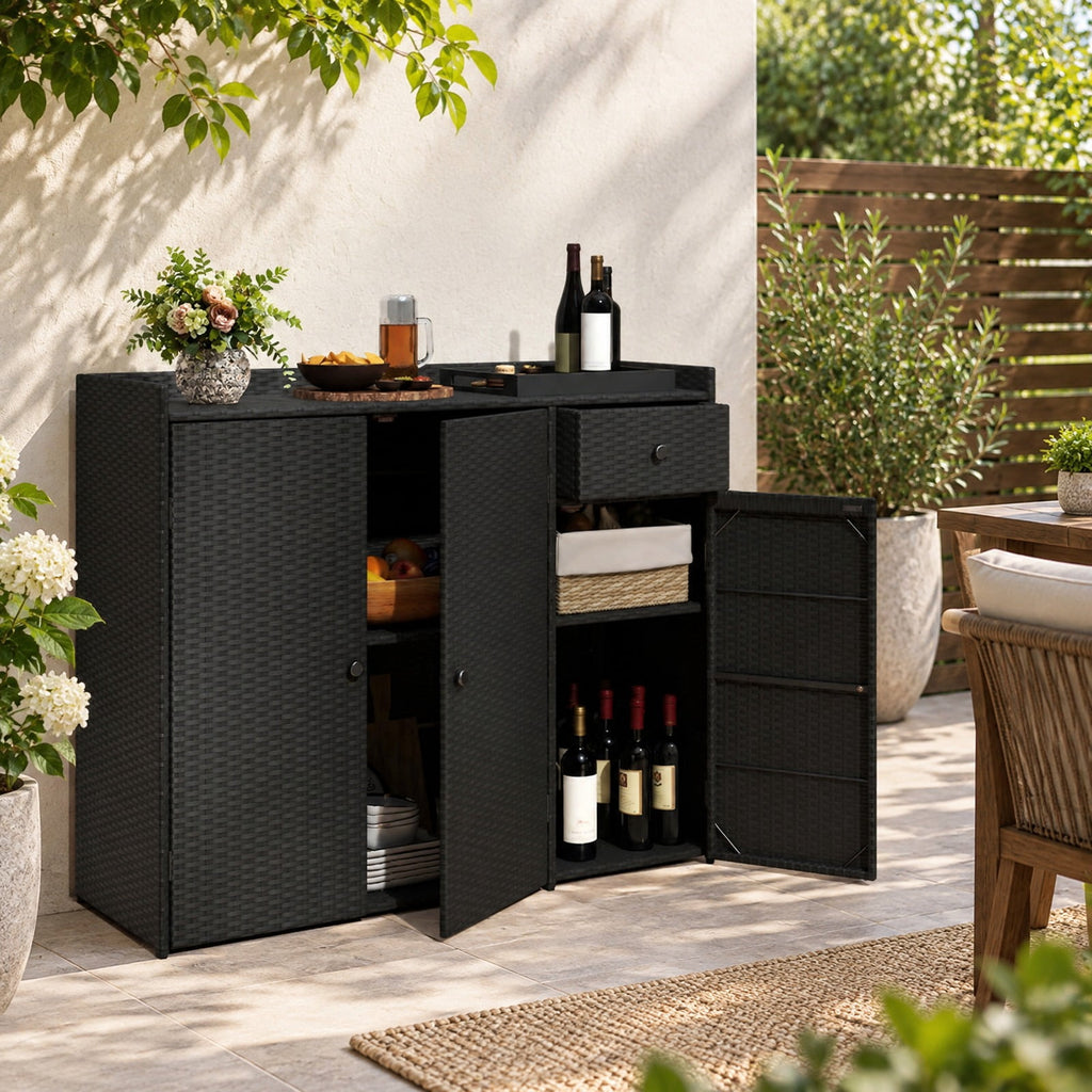 Airfind 3 Doors Outdoor PE Wicker Storage Cabinet for Deck, 110 lbs Capacity, PE Rattan Metal Frame, 48 x 17 x 40 Footprint, Black