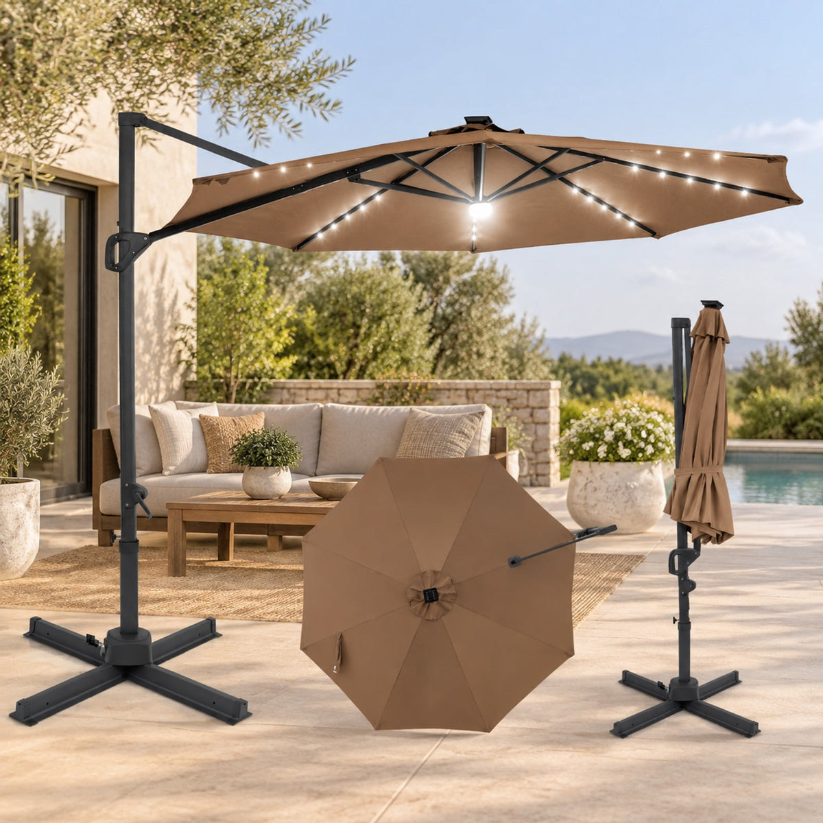 Airfind 10 FT Cantilever Patio Umbrella with Solar LED Lights 360° Rotation, Polyester Fabric Aluminum Metal PC ABS Frame, Brown