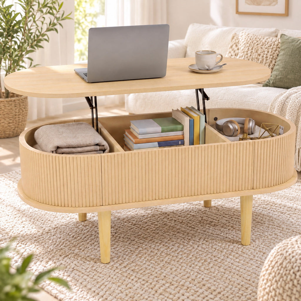 Airfind 43.5 Inch Oval Lift Top Coffee Table with Storage and Fluted Design for Living Room, 200 lbs Capacity, Engineered Wood Solid Wood Frame, Natural