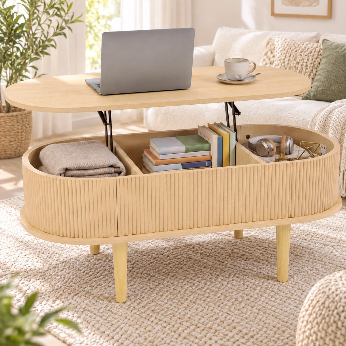 Airfind 43.5 Inch Oval Lift Top Coffee Table with Storage and Fluted Design for Living Room, 200 lbs Capacity, Engineered Wood Solid Wood Frame, Natural