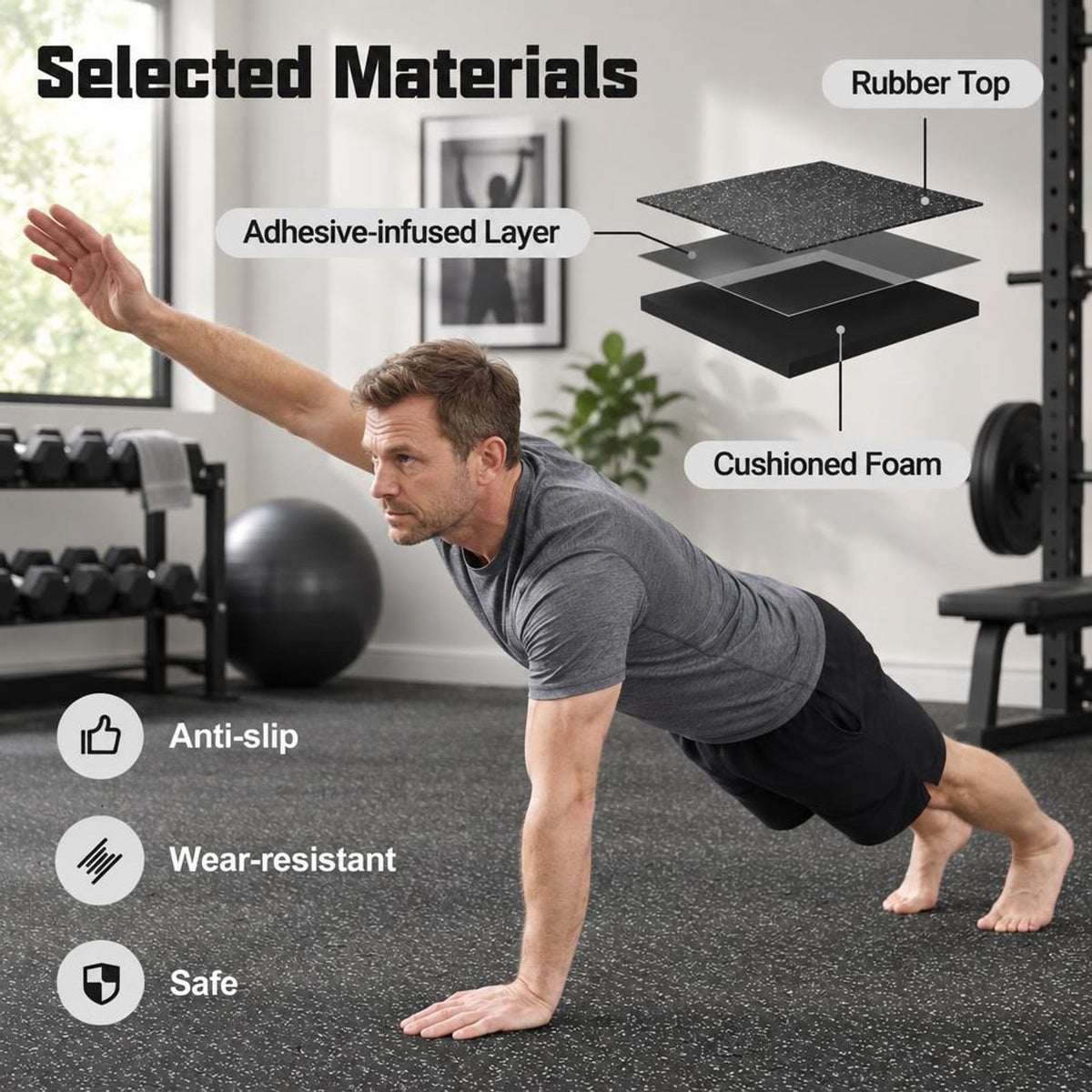 Airfind 0.79 inch Thick Rubber Top Exercise Mat 48 Sq Ft with Boarders, Rubber PE Foam Frame, of 12 Tiles 6 x 8 ft Total Footprint, Black