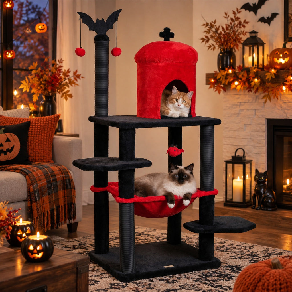 Airfind 51in Gothic Multi-level Cat Tree with Spider Hanging Toy for Black Halloween, 22 lbs Capacity, Red