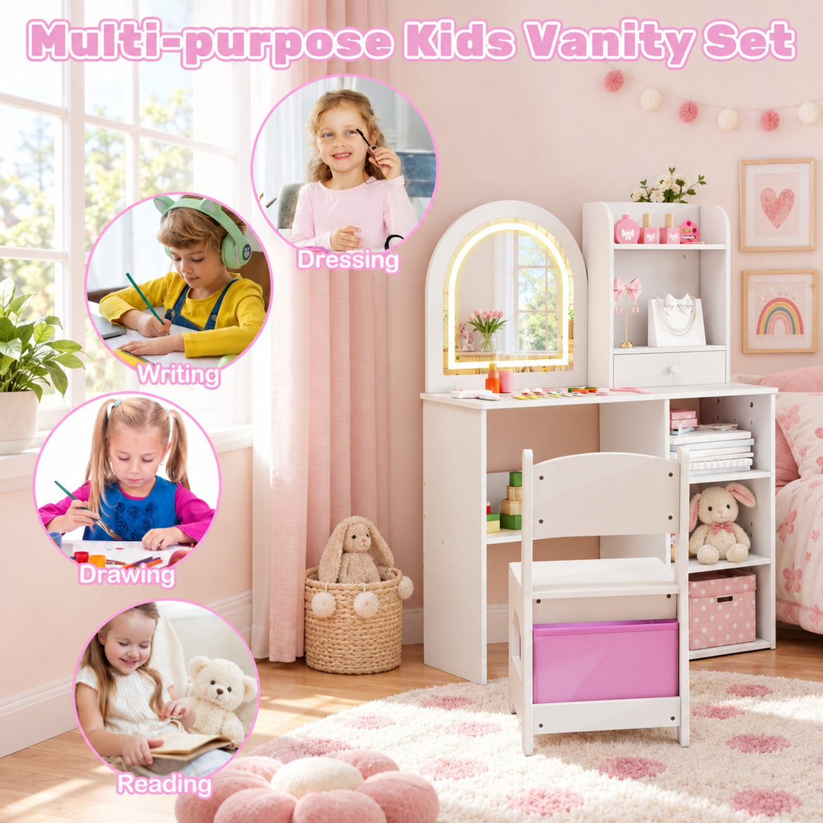 Airfind Kids Vanity Set Princess Girls Makeup Vanity Desk with Chair and 3-Color LED Lighted Mirror, 45 lbs Capacity, MDF Frame, White