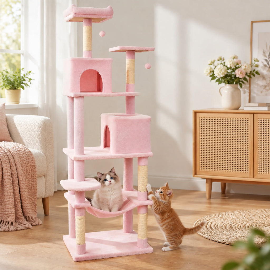 Airfind Multi-level Cat Tree Modern Cat Tower with Upholstered Perch and 2 Cat Condo, 24 x 18.5 Footprint, Pink