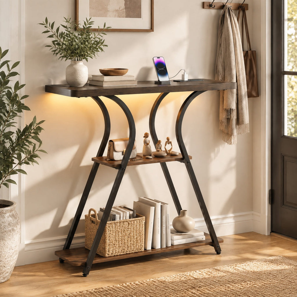 Airfind 32 Inch Narrow Long Entryway Table with Power Outlets and LED Lights, 88 lbs Capacity, Engineered Wood Metal Frame, Brown