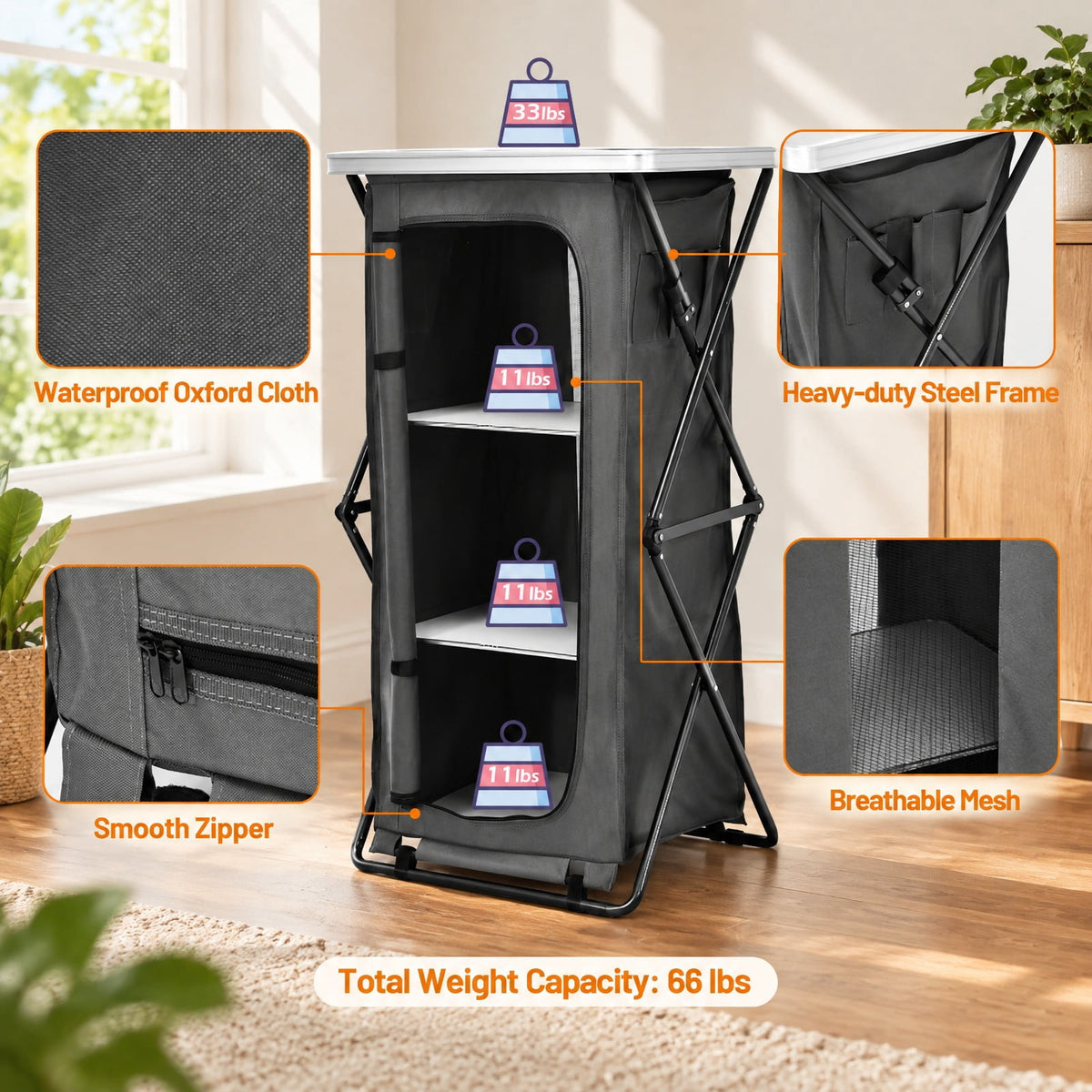 Airfind Folding Camping Storage Cabinet with 3 Shelves and Carry Bag, 33 lbs Weight capacity of each shelf: 11 lbs L: Capacity, Gray