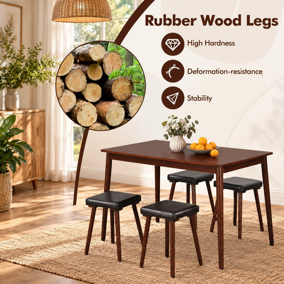 Airfind 5 Piece Dining Table Set for 4 with 4 Upholstered Stools and Rubber Wood Legs, Brown, for Everyday Home Use, for Easy Setup