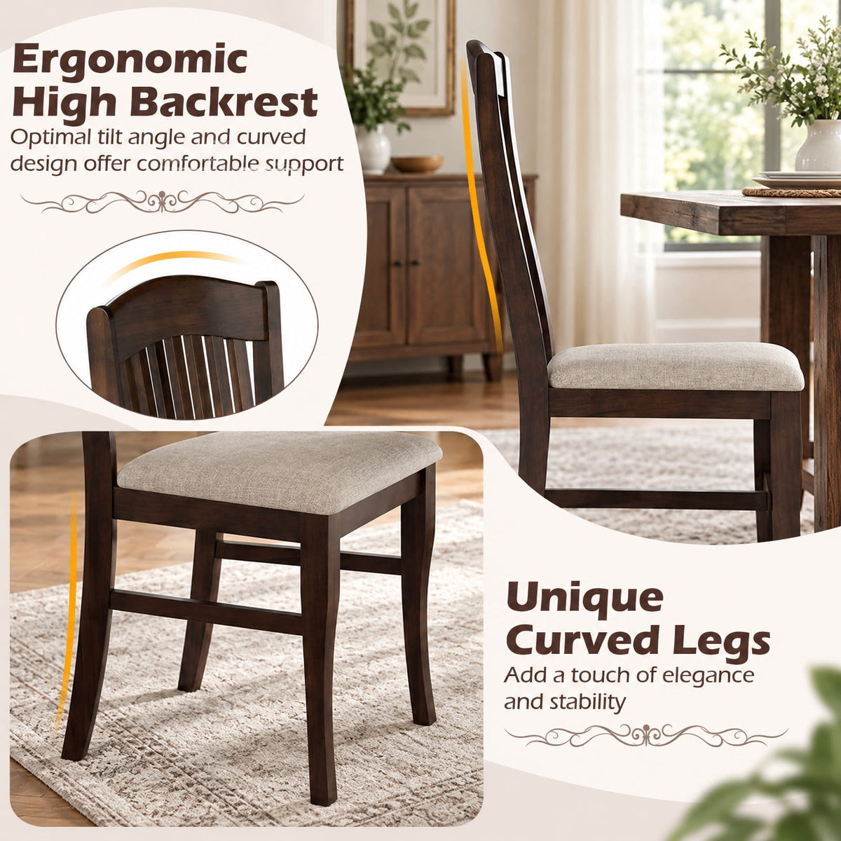 Airfind Set of 4 Kitchen Side Chairs with Rubber Wood Frame and Comfy Padded Seat-Brown White, 400 lbs Capacity, 18 x 20.5 x 40 Footprint, Wood