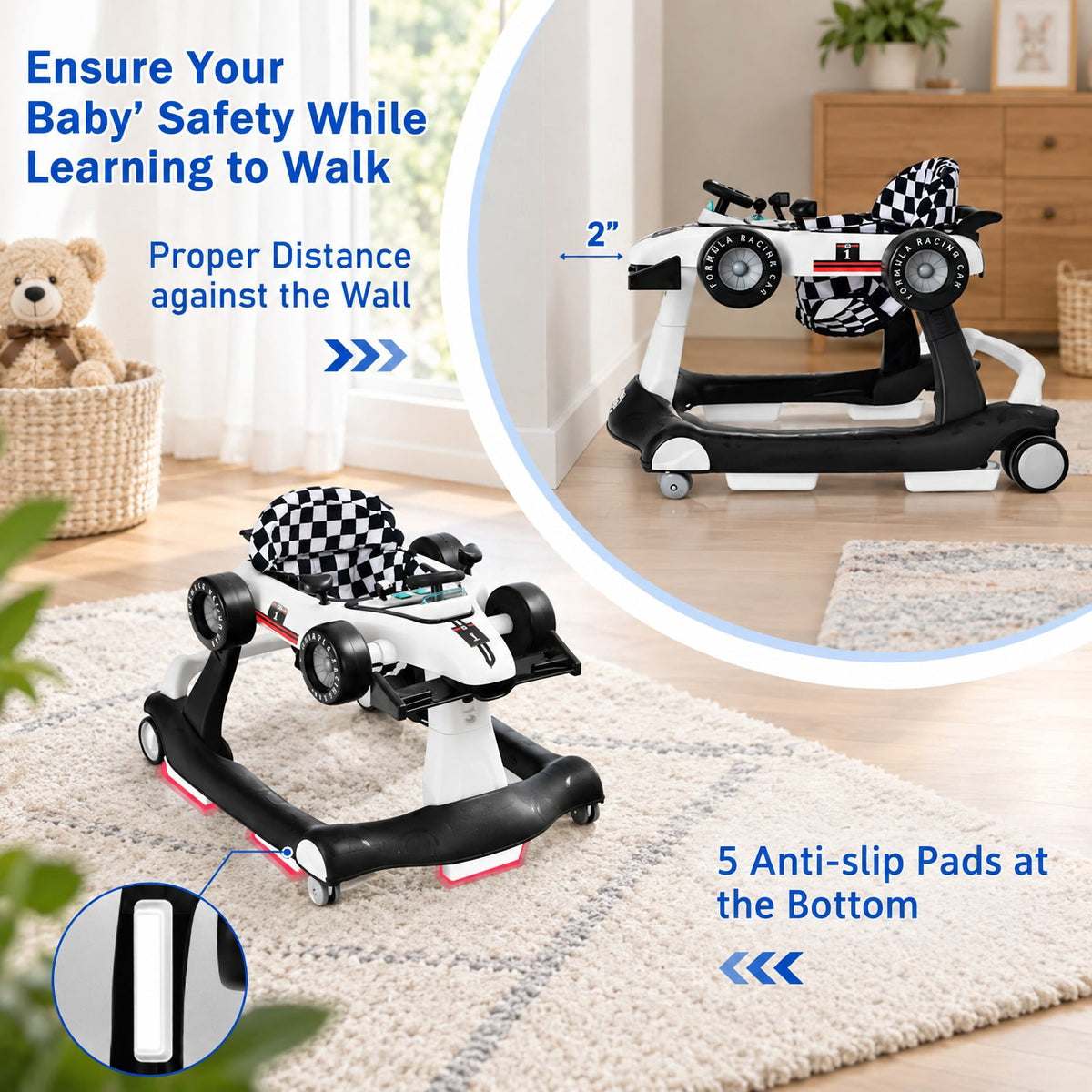 AIRFIND Baby Walker with 4 Activity Modes, 3 Adjustable Heights, Music and Lights, Rear Wheel Speed Control and Folding Frame, White