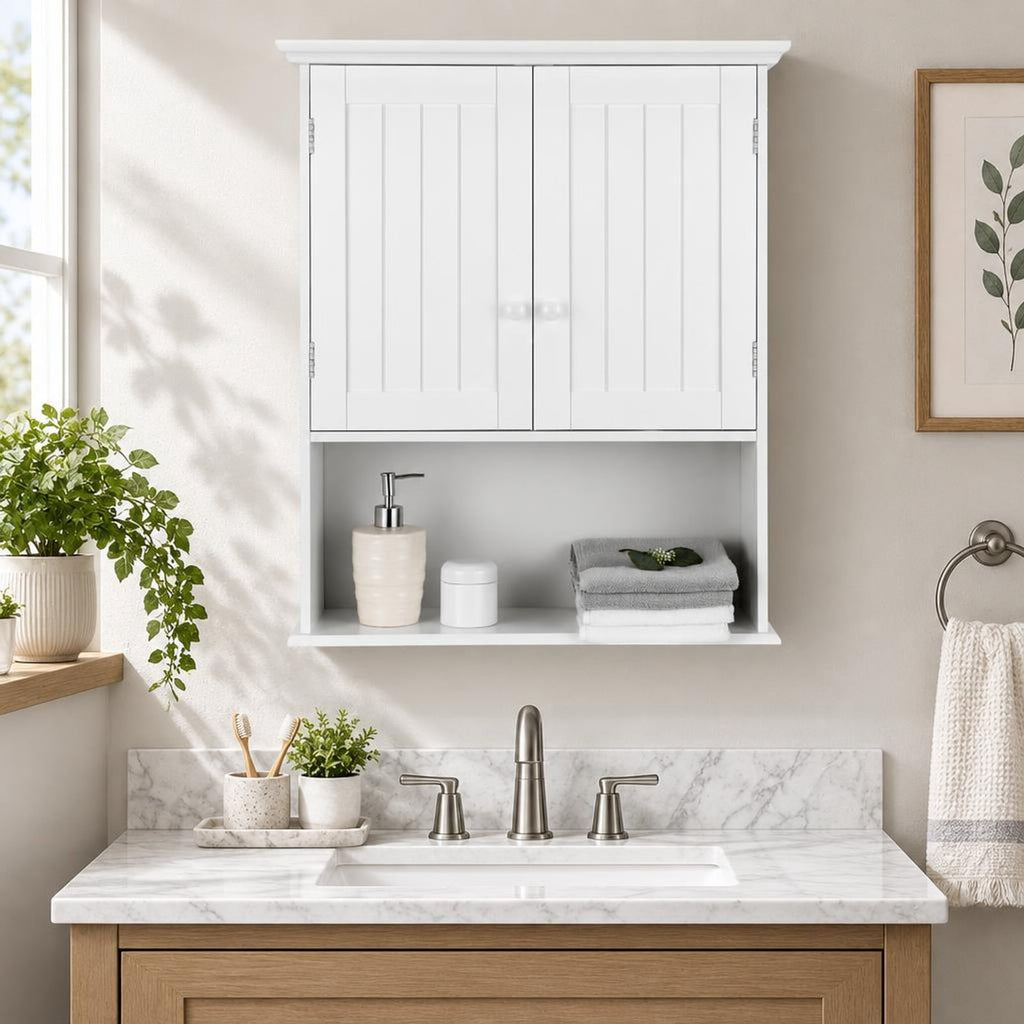 Airfind 2-Door Wall Mount Bathroom Storage Cabinet with Open Shelf, MDF Metal Frame, White, Overall dimension 23.5in x 8in x 28in(L x W