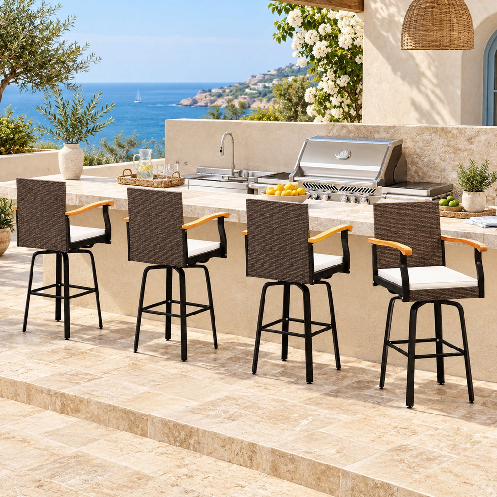 Airfind Set of 4 Outdoor 360° Swivel Bar Stool with Cushion and Acacia Wood Armrests, 400 lbs Capacity, Wood