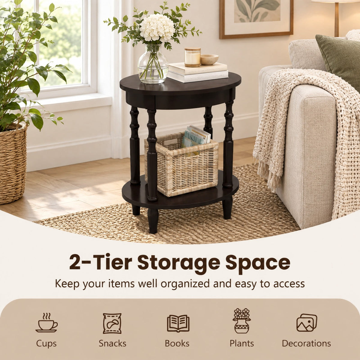Airfind Side Table, 2-Tier Oval, with Storage Shelf and Solid Wood Legs, 245 lbs Capacity, MDF Rubber Wood Frame, Espresso