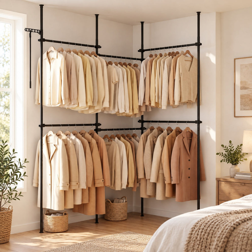Airfind Adjustable Floor to Ceiling Clothes Rack with 6 Hanging Rods, Metal ABS Overall Frame, Black