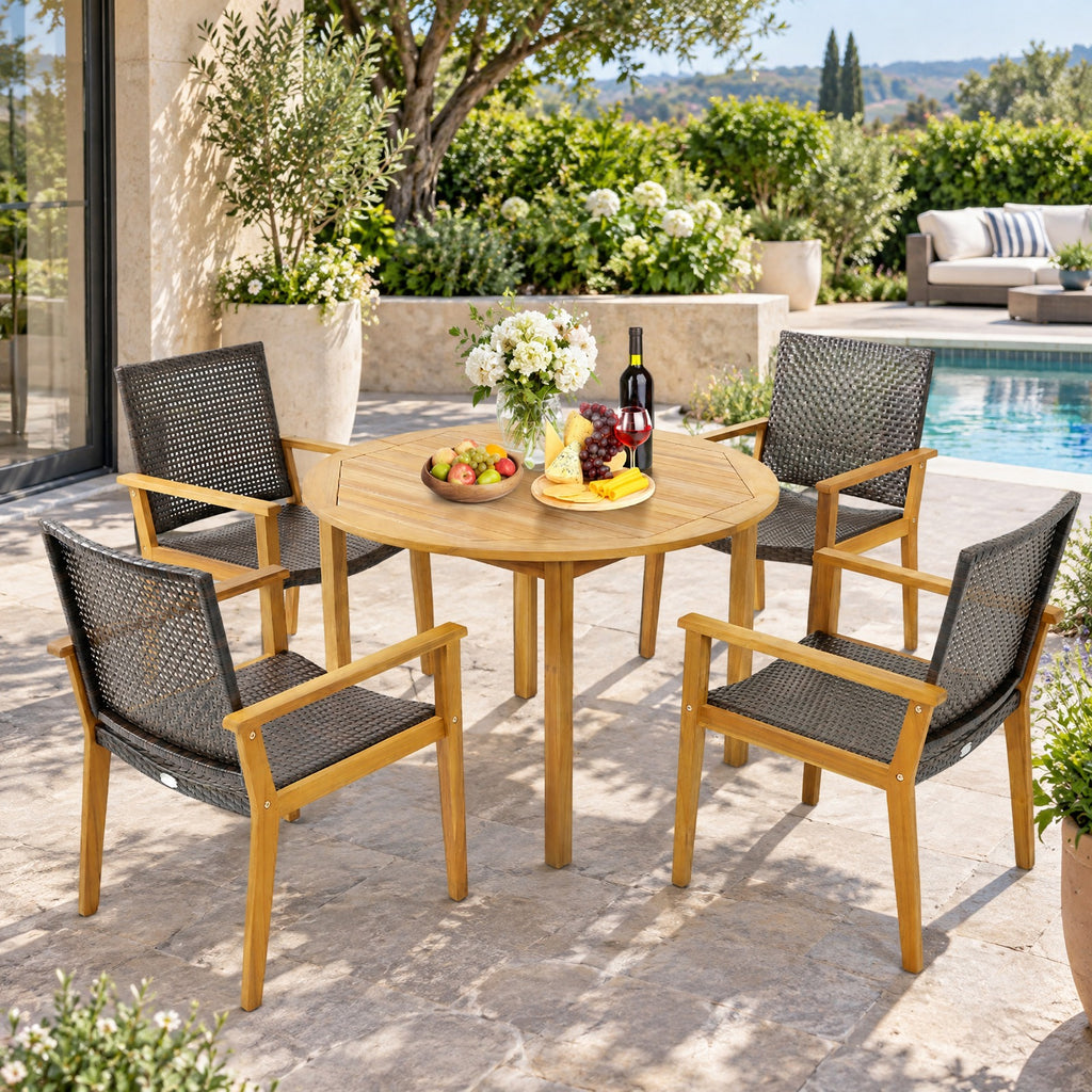 Airfind Set of 4 Outdoor Rattan Chair with Sturdy Acacia Wood Frame-Set of 4, 400 lbs Total Capacity, Acacia Wood PE Rattan Metal Frame, Wood