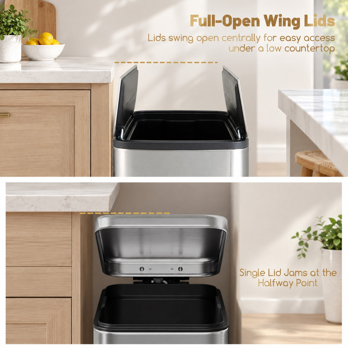 Airfind 12 Gal Stainless Steel Trash Can with Soft-Closing Wing Lids, Stainless Steel PP Frame, Silver