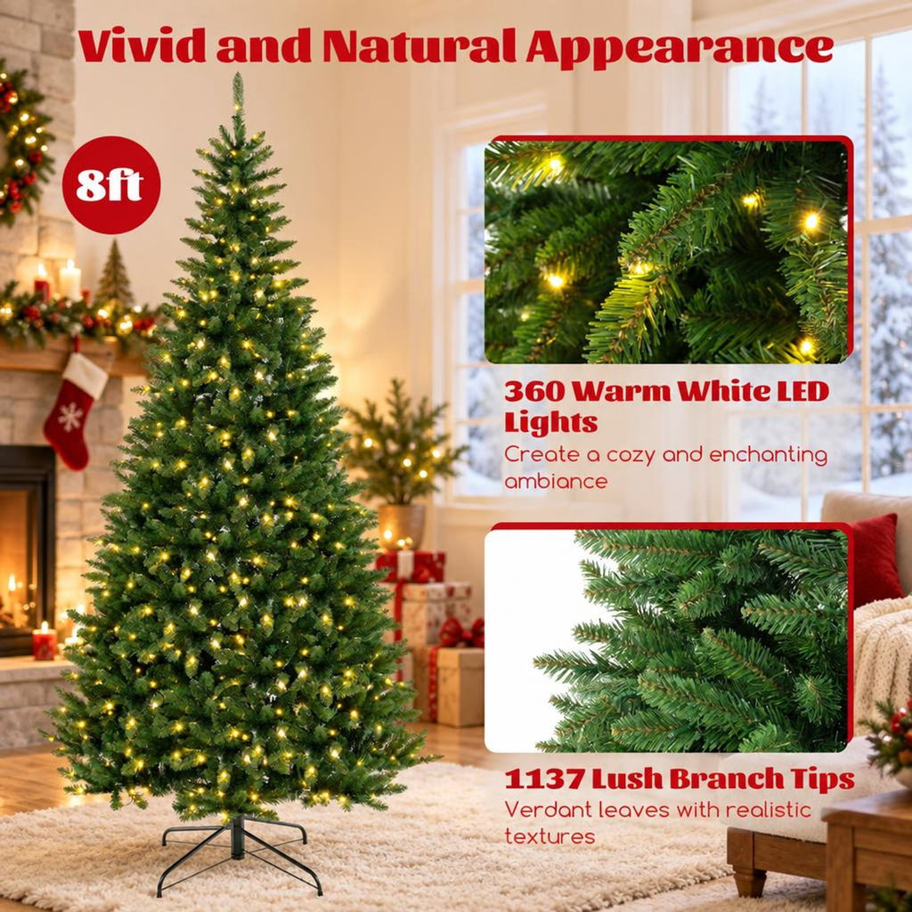 Airfind 8 FT Corner Artificial Christmas Tree with 1137 Branch Tips and 360 Warm White LED Lights, White