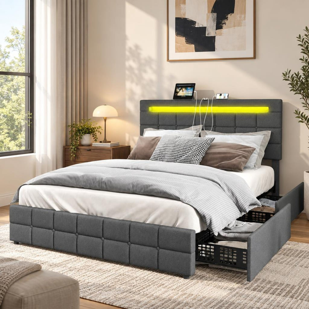 Airfind Upholstered Queen LED Bed Frame with Headboard and 4 Drawers, 880 lbs Capacity, 83 x 64 x 40.5-42.5(L x W x H) Drawer Footprint, Gray
