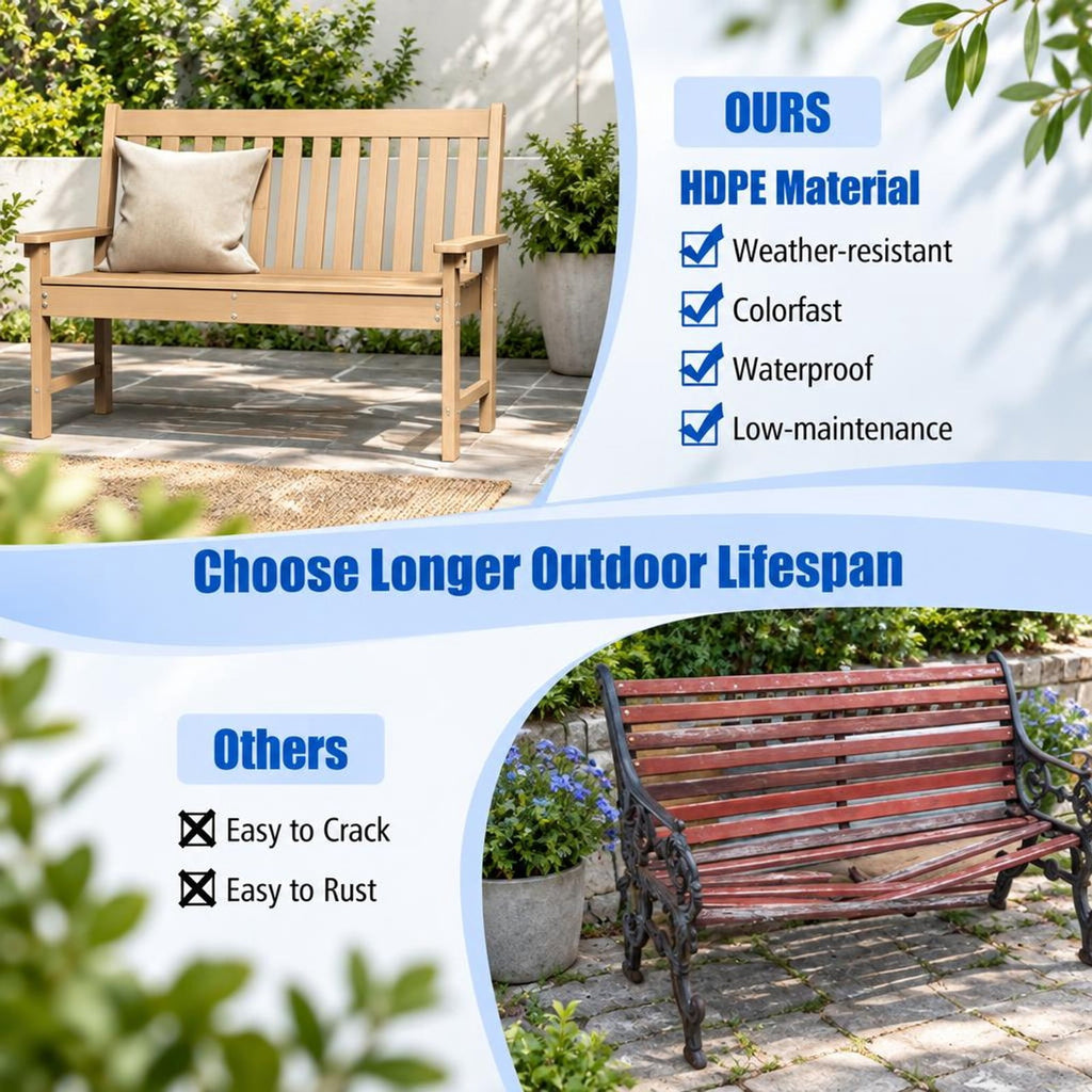 Airfind 52 Inch All-Weather HDPE Outdoor Bench with Backrest and Armrests, 705 lbs Capacity, HDPE Frame, Gray