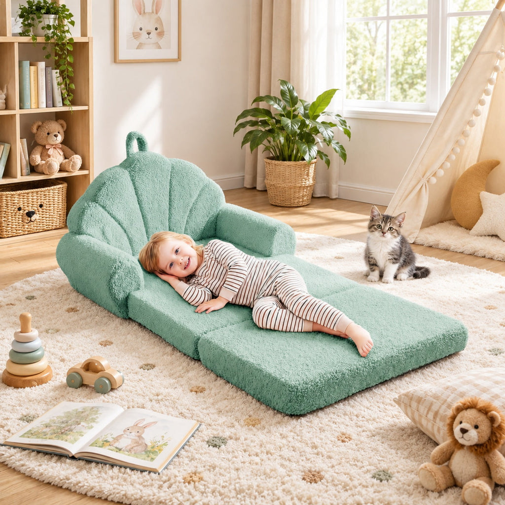 Airfind Convertible Kids Sofa 2, in, 1 Fold out Toddler Couch Chair, Green, Can be used as a sofa chair or a flat lounge bed, No assembly needed