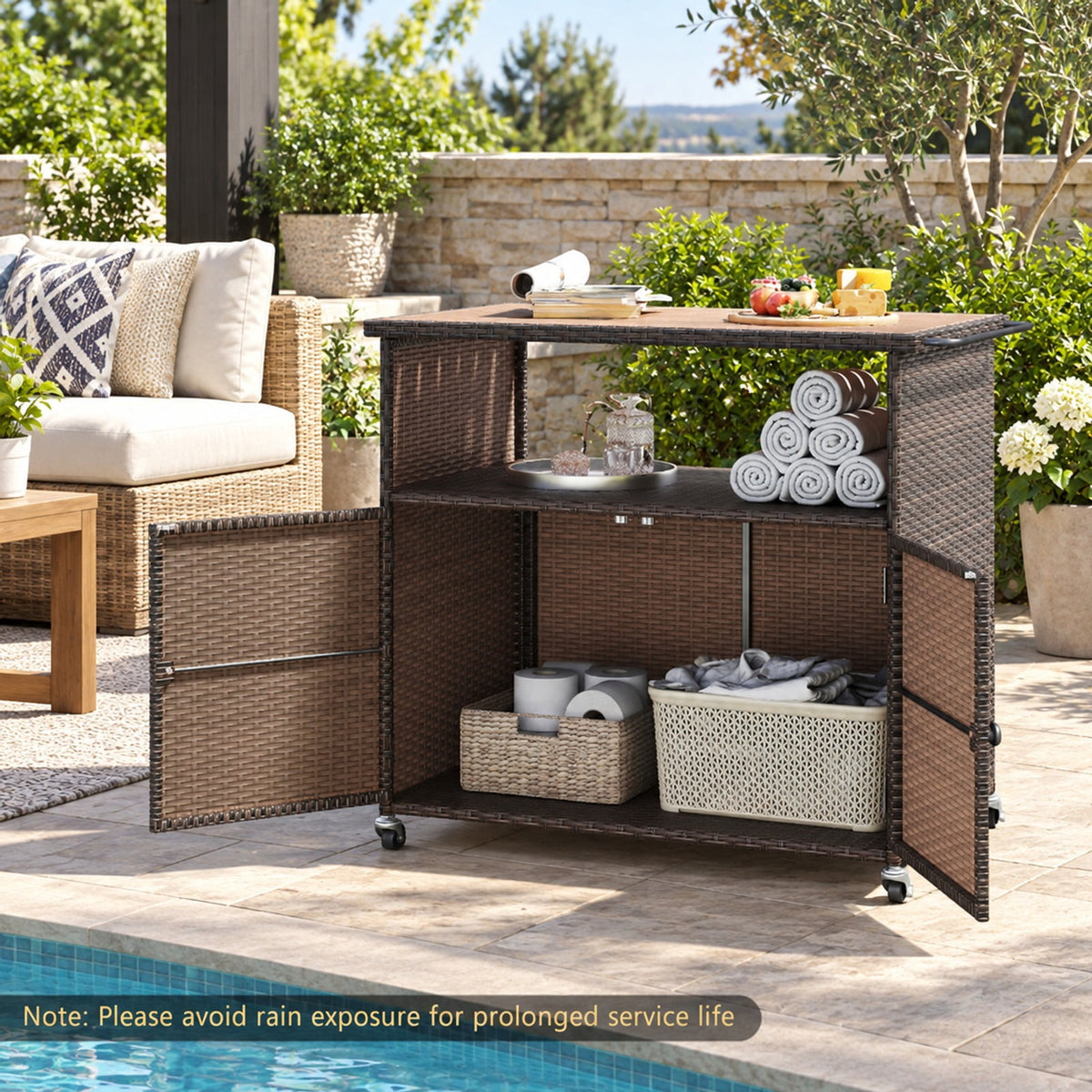 Airfind Outdoor Storage Cabinet with Acacia Wood Top and Lockable Wheels, 180 lbs Capacity, PE Rattan Acacia Wood Metal Frame, Black