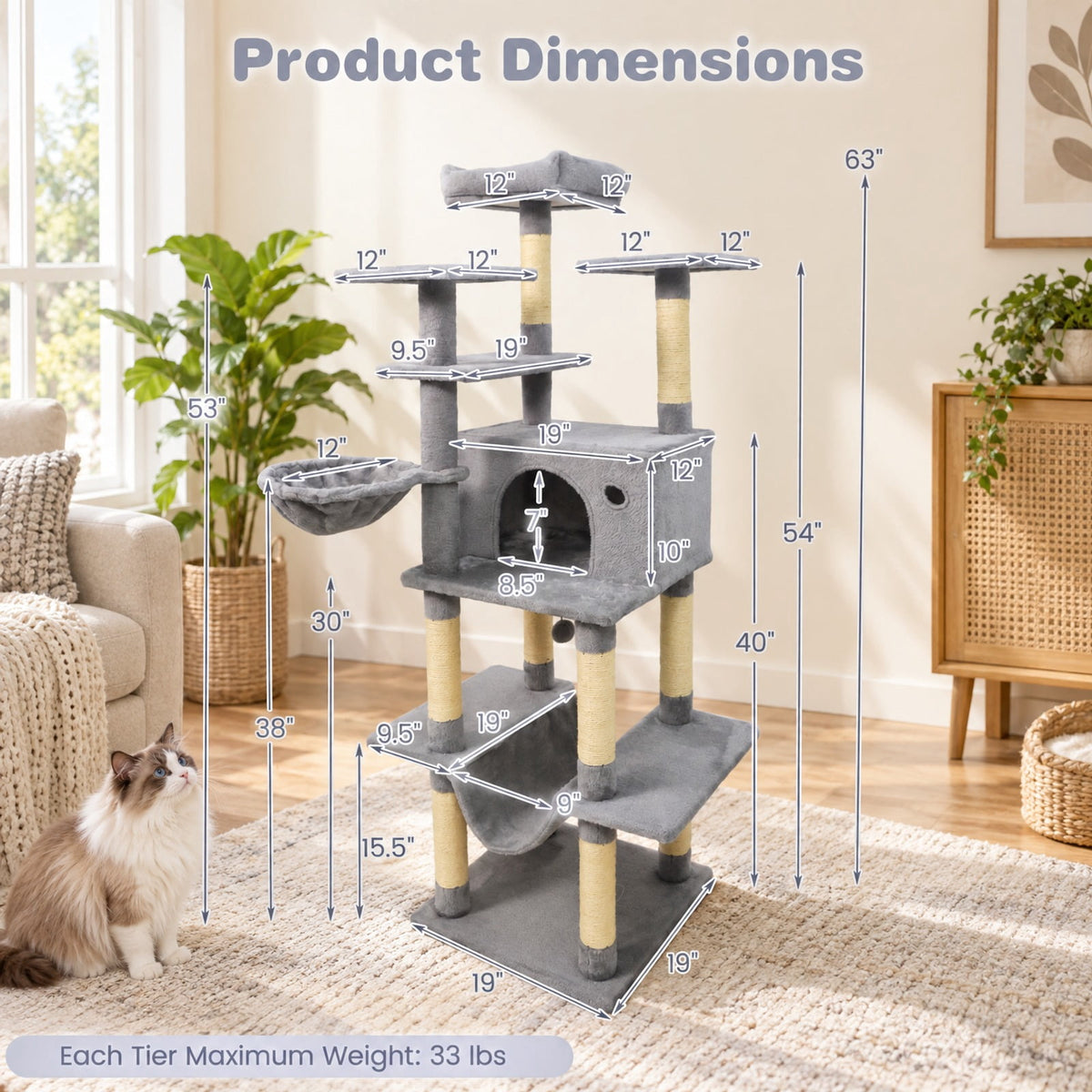 Airfind Large Cat Tree for Indoor Cats 63 Inch Tall Cat Tower, Plush Fabric Sisal Engineered Wood Base Frame, Gray
