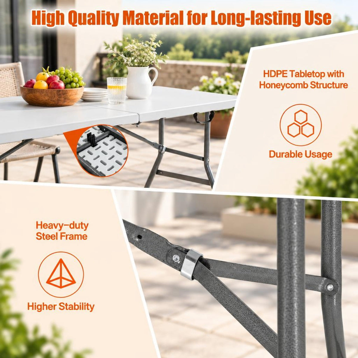 Airfind Portable Folding Camping Table with Carrying Handle for Picnic, 330 lbs Capacity, HDPE Steel Expanded Frame, 71 x 29 x 29 Footprint