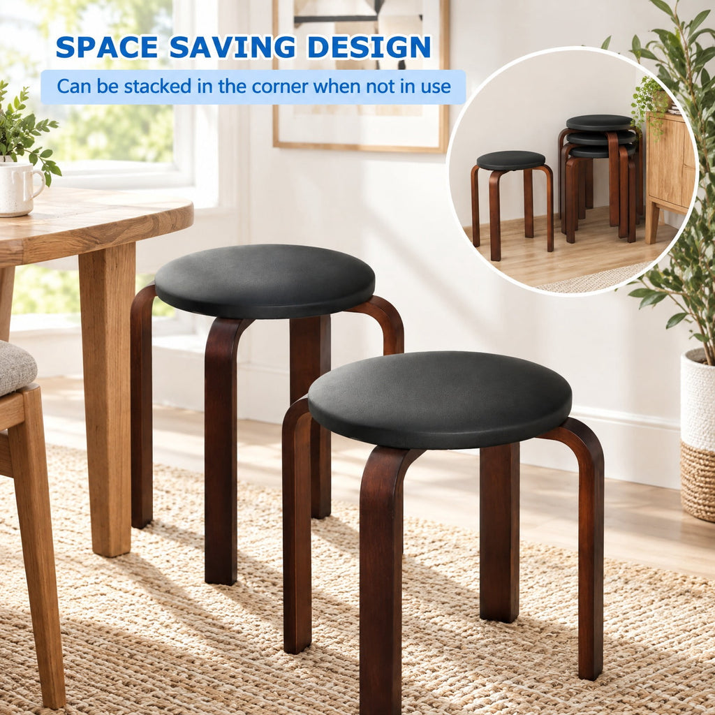 Airfind Set of 4 Bentwood Round Stool Stackable Dining Chairs with Padded Seat, Birch PU leather sponge Frame, 15 x 15 x 18.5 Footprint, Black