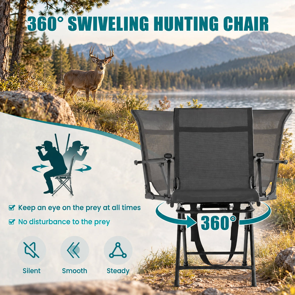 Airfind Foldable Swivel Hunting Chair with Mesh Back, Armrests and Wide Feet, 330 lbs Capacity for Ground Blind and Outdoor Use, Black
