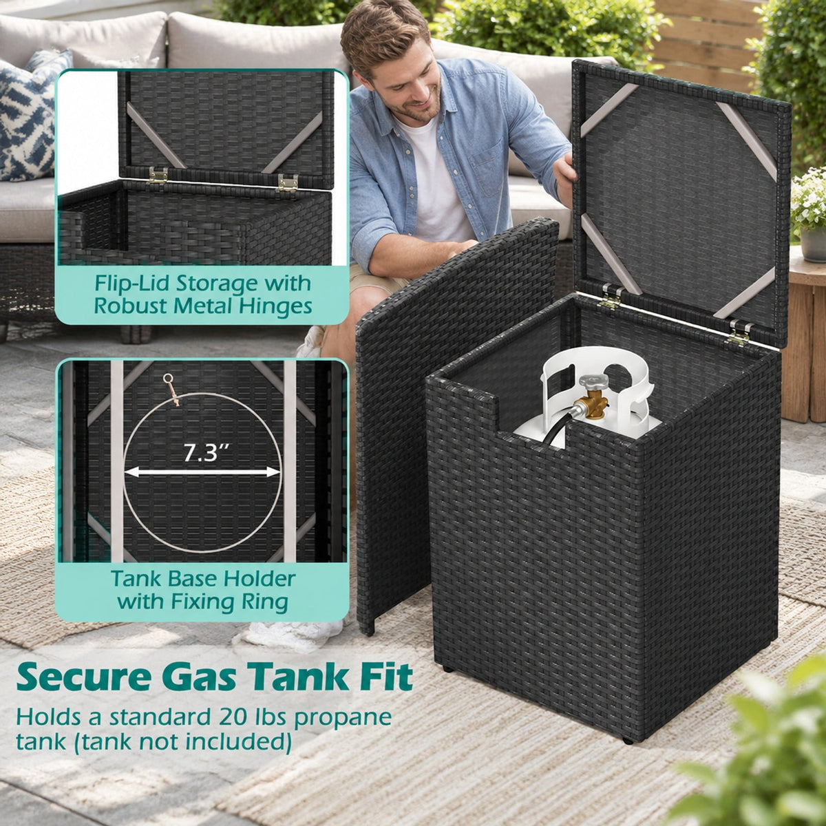 Airfind Rattan Propane Tank Cover Patio Hideaway Tank Side Table, 80 lbs Capacity, PE Rattan Metal Frame, 16 x 16 x 22.5 Footprint, Black