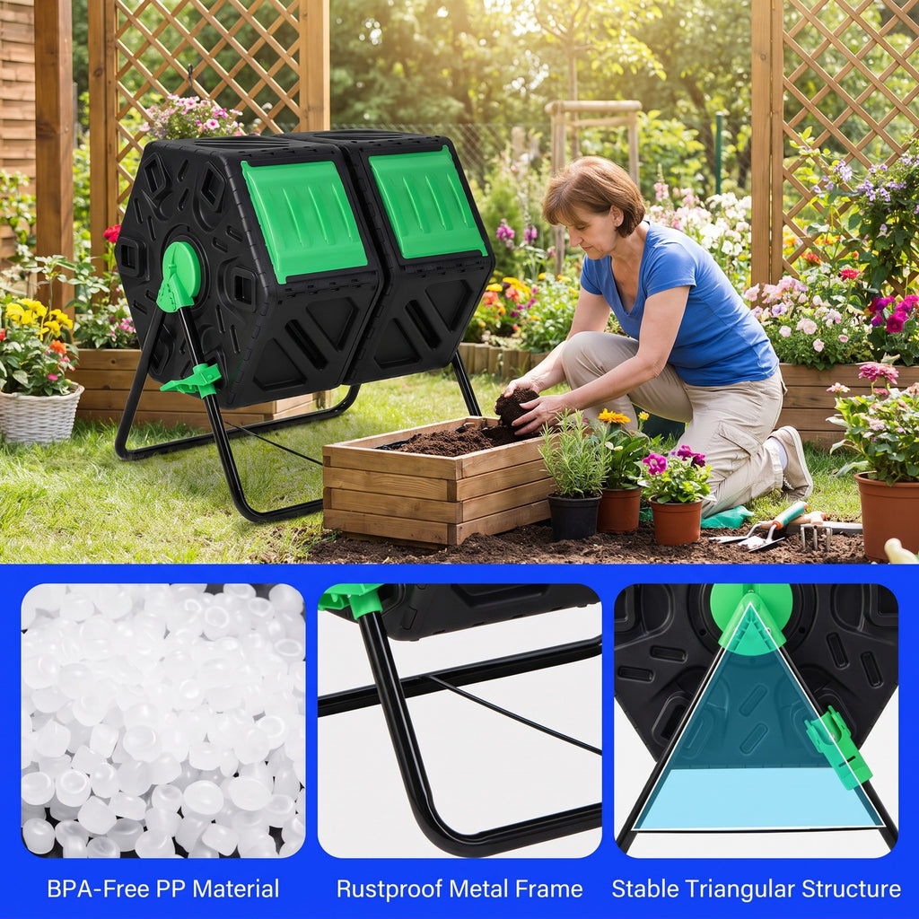 Airfind Dual Chamber Garden Compost Tumbler with Sliding Doors-Black Green, Black, Dimensions 25.5 x 23.5 x 29Size of 2