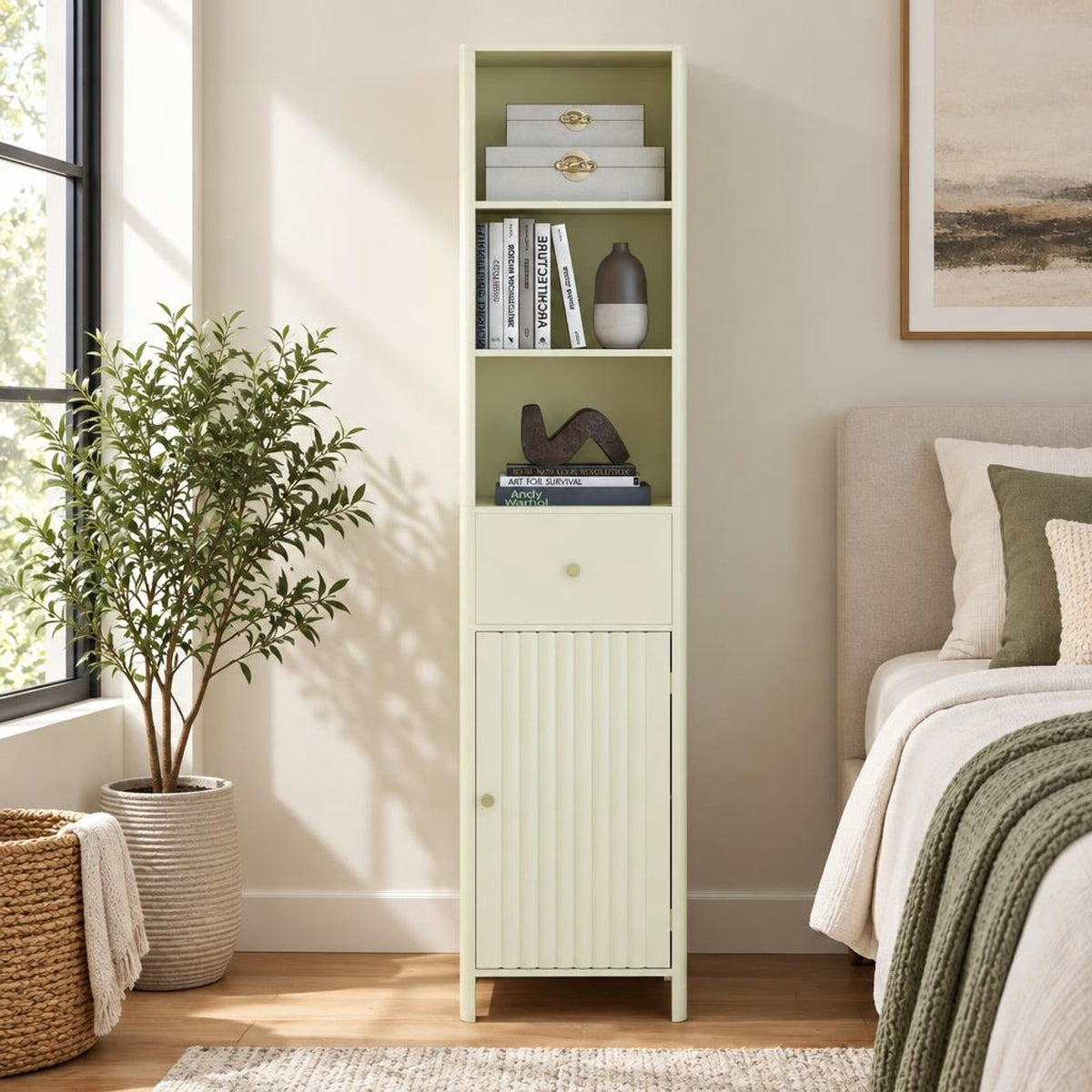 Airfind 67 Inch Tall Bathroom Cabinet Narrow Floor Cabinet with Fluted Door, MDF Frame, 16 Inch x 12 Inch x 67 InchInner Footprint, Beige