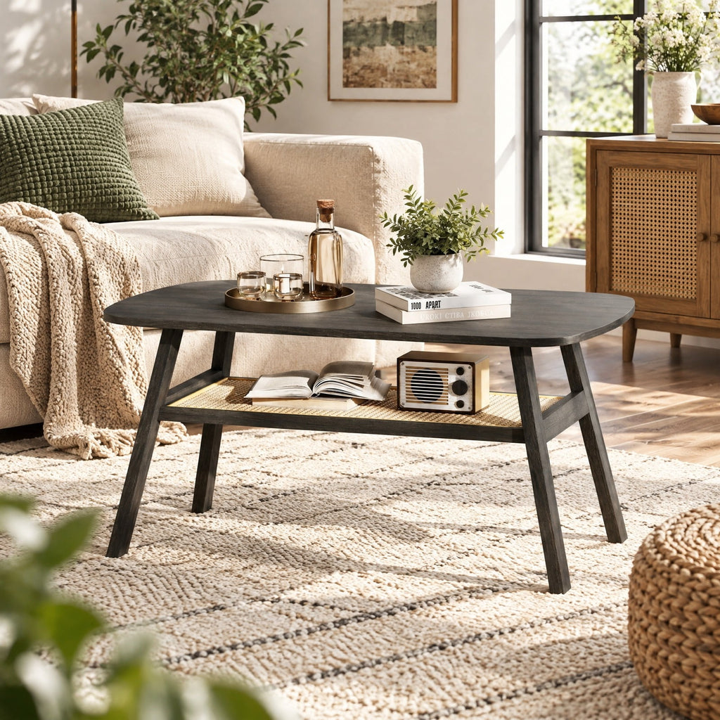 Airfind 2-Tier Rectangular Center Coffee Table with Rattan Storage Shelf and Rubber Wood Legs, 220 lbs Capacity, 39.5 x 22 x 17.5 Footprint