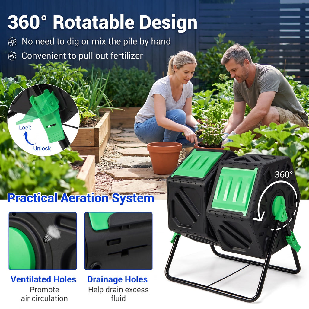 Airfind Dual Chamber Garden Compost Tumbler with Sliding Doors-Black Green, Black, Dimensions 25.5 x 23.5 x 29Size of 2
