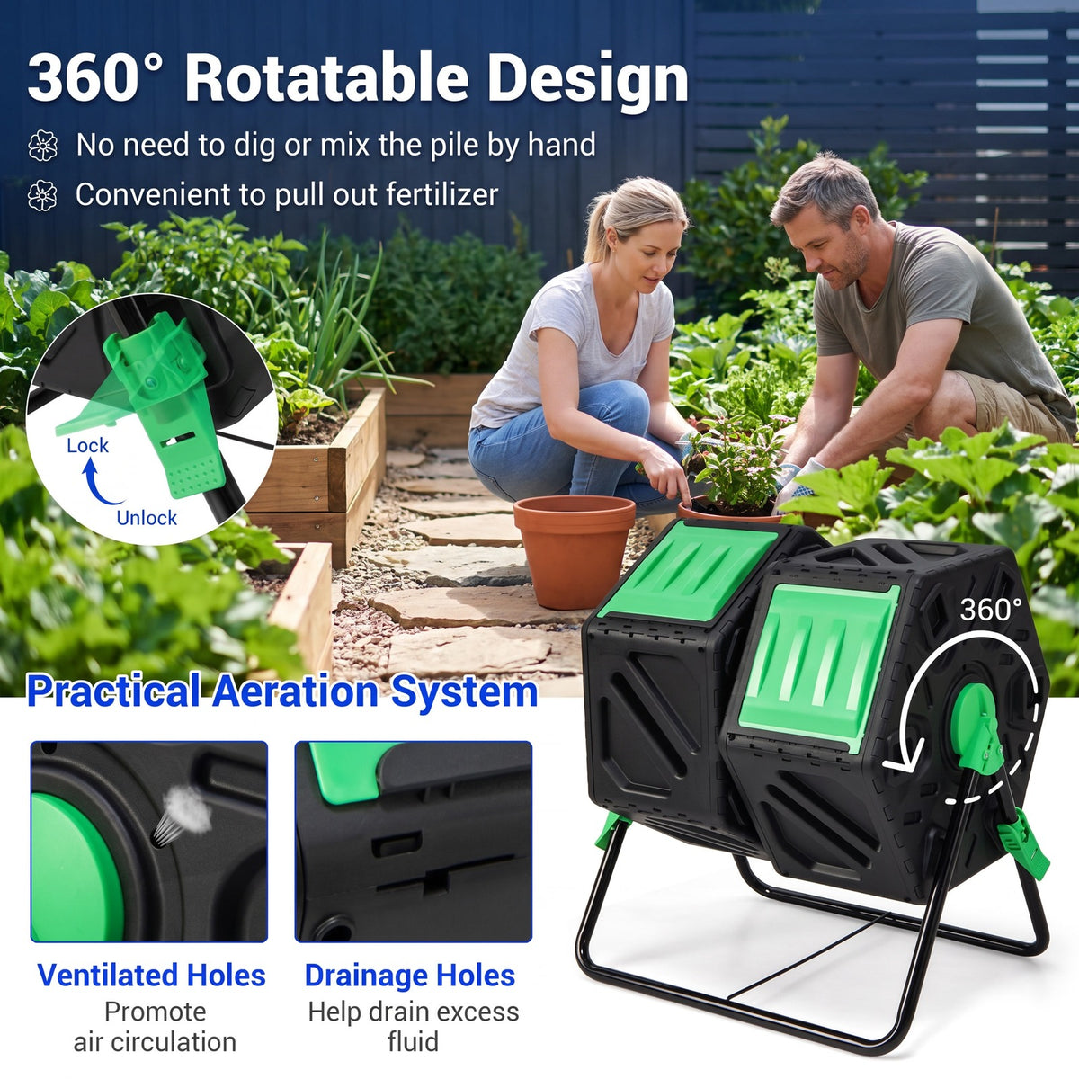 Airfind Dual Chamber Garden Compost Tumbler with Sliding Doors-Black Green, Black, Dimensions 25.5 x 23.5 x 29Size of 2